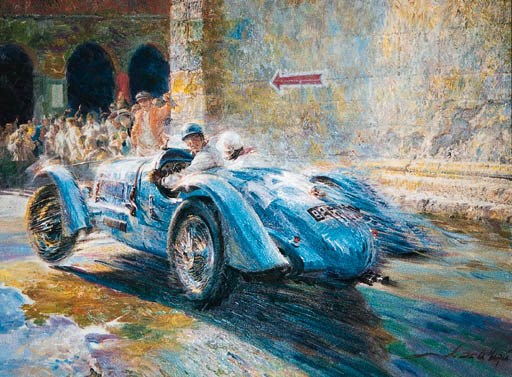 Alfredo de la Maria - Delahaye -  A painting depicting a 1938 DelaHaye 135 M at the 1938 Mille Miglia -signed by the artist, oil on canvas, mounted and framed
