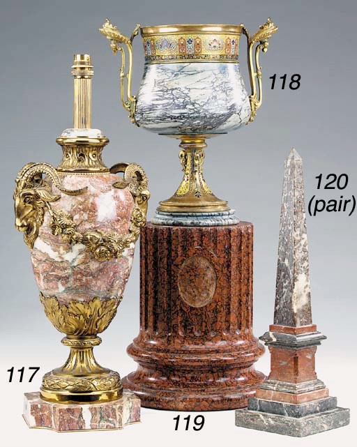 A pair of variegated red and grey marble ornamental obelisks, possibly late 19th century