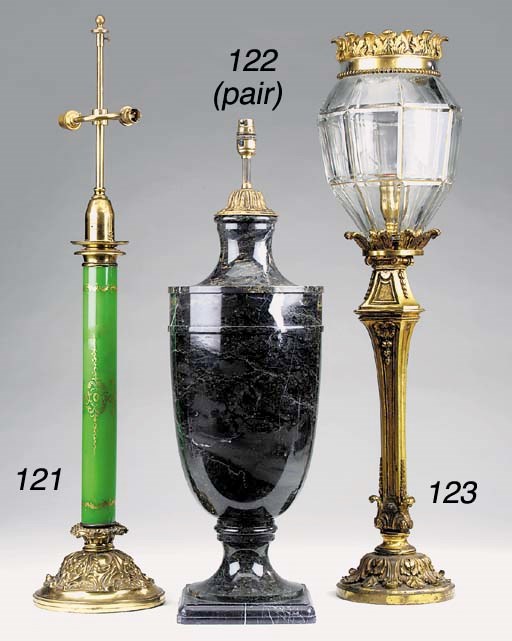 A pair of variegated grey marble urns, brass mounted and fitted as table lamps, of recent manufacture