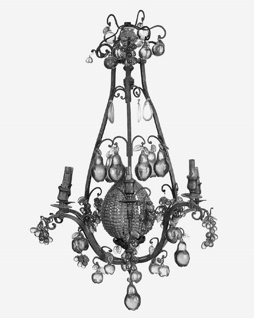 A Continental brass and glass hung six light chandelier, first half 20th century