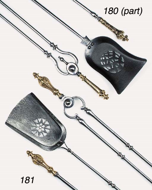 A set of English steel and brass mounted fire irons, 19th century