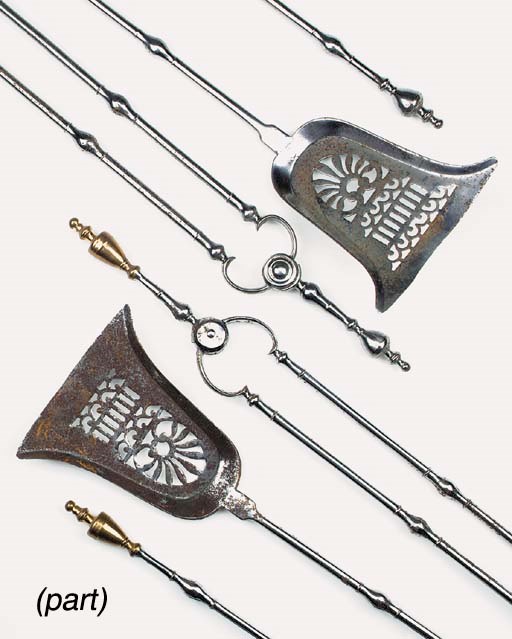Two sets of George III steel fire irons, late 18th century