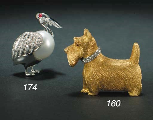 A diamond and South Sea cultured pearl pelican brooch,