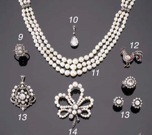 ROZENDAAL. A THREE STRAND CULTURED PEARL AND ROSE-CUT DIAMOND NECKLACE
