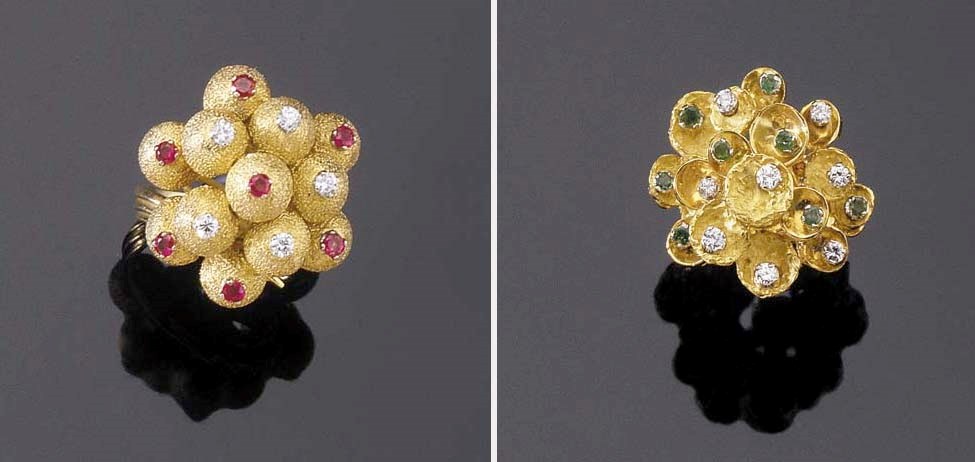 TWO GOLD, DIAMOND, RUBY AND EMERALD COCKTAIL RINGS