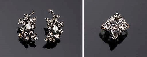 A PAIR OF ROSE-CUT DIAMOND EARRINGS AND A GIARDINIÈRE RING