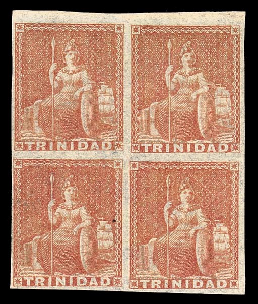 unused Block of Four  (1d.) brownish red block of four with part sheet margin at top, excellent colour, very fine unused with large part original gum. A rare multiple. Sc. 1a; S.G. 7, £1200+. Photo