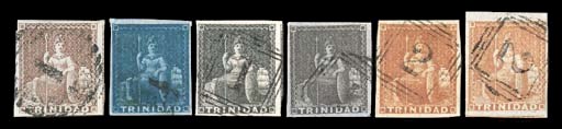 used  (1d.) purple-brown, (1d.) blue (2, one a deep shade), (1d.) deep blue, (1d.) grey, (1d.) brownish grey, (1d.) brownish red and (1d.) brick-red, very fine to superb examples. Sc. 1-4a; S.G. 2-8, £410. Photo
