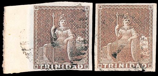 used  (1d.) purple-brown, two very fine examples, one with sheet margin at left. Sc. 2; S.G. 2, £110. Photo