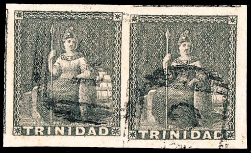 used  (1d.) grey, a superb horizontal pair with huge margins and showing portions of two adjoining stamps, cancelled "2". An extremely rare multiple. R.P.S. Certificate (1983). Sc. 4a; S.G. 5. Photo