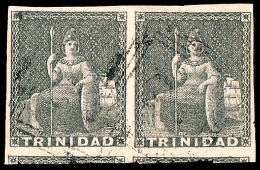 used  (1d.) grey, a horizontal pair with large to very large margins showing portions of the two adjoining stamps at foot, lightly cancelled "2", very fine. An extremely rare multiple. Sc. 4a; S.G. 5. Photo