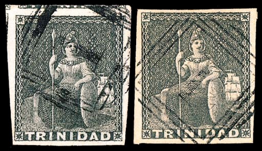 used  (1d.) grey, two very fine singles, from 1st. and 4th. consignments, both with large margins and cancelled "1"; choice. Sc. 4a; S.G. 5. Photo
