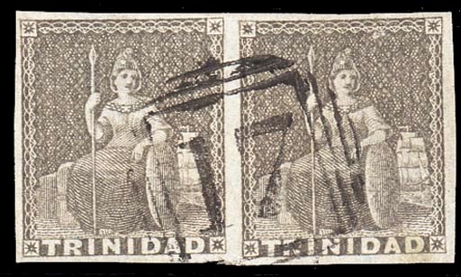 used  (1d.) brownish grey, a choice horizontal pair with good to large margins and neatly cancelled "17". A rare multiple. Sc. 4; S.G. 6. Photo