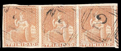 used  (1d.) brownish red, an attractive horizontal strip of three with small to large margins showing portion of adjoining stamp at right, each lightly cancelled "2"; small scissor-cut between the right-hand pair. An extremely rare multiple. Sc. 1a; S.G. 7. Photo