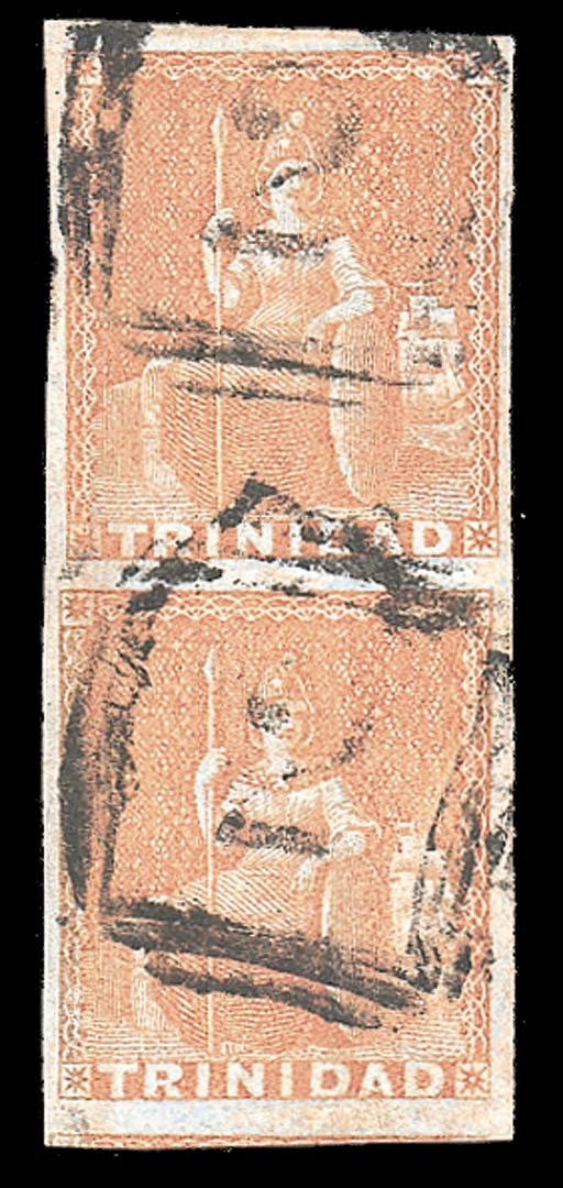 used  (1d.) brownish red, a vertical pair with good to large margins, both cancelled "2", fine. A rare multiple. Sc. 1a; S.G. 7. Photo