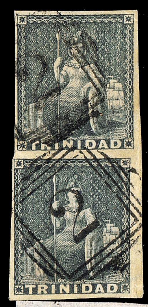 used  (1d.) dark grey, a vertical pair with good to very large margins, both cancelled "2"; tiny corner crease at top right and small scissor-cut and crease in margin, clear of design, at right. A rare multiple of fine appearance. Sc. 7; S.G. 10. Photo