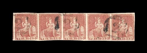 used  (1d.) rose-red, a horizontal strip of five in a deep shade with good to large margins all round, thrice cancelled "2"; light crease between third and fourth stamps, and at top right corner. Fine appearance and an extremely rare multiple. R.P.S. Certificate (1971). Sc. 6; S.G. 12. Photo