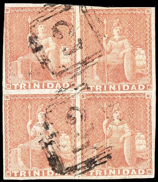 used Block of Four  (1d.) rose-red, an attractive block of four with good to large margins almost all round and lightly cancelled "2"; small scissor-cut at top between stamps just touching frame of one stamp. The only recorded block of four. Sc. 6; S.G. 12. Photo