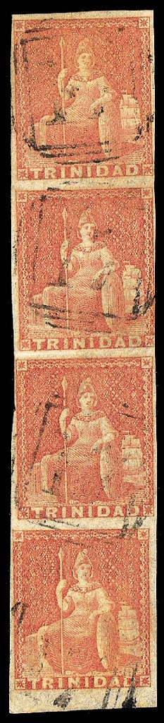 used  (1d.) rose-red, a vertical strip of four with sheet margin at foot, mainly small to good margins (second stamp touched at right), lightly cancelled "17"; some light creases though appearance fine. A rare multiple. Sc. 6; S.G. 12. Photo