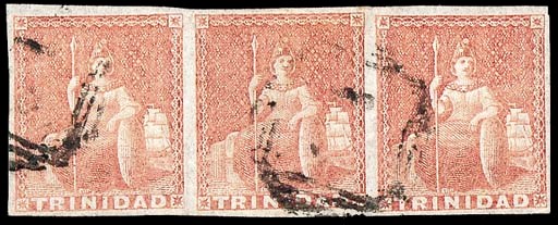 used  (1d.) rose-red, a horizontal strip of three with good to large margins and mainly lightly cancelled; creased though of very fine appearance. A rare multiple. R.P.S. Certificate (1958). Sc. 6; S.G. 12. Photo
