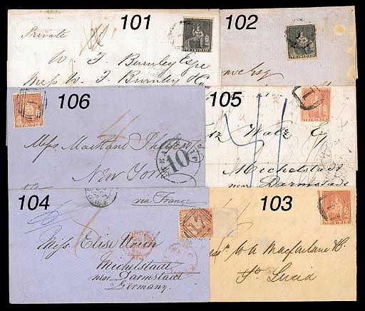 cover (1d.) rose-red with good to large margins showing part of adjoining stamp at left, just tied by "1" obliterator on 1858 (25 Feb.) entire (no side flaps) to St. Lucia, showing manuscript "4" with, on reverse, despatch and arrival (28.2) datestamps; the face panel with small central puncture not significantly affecting appearance. S.G. 12. Photo
