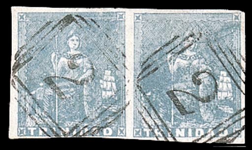 used  (1d.) greenish blue horizontal pair with small to good margins, both cancelled "2", very fine. A scarce multiple. R.P.S. Certificate (1951). S.G. 15, £1800+. Photo