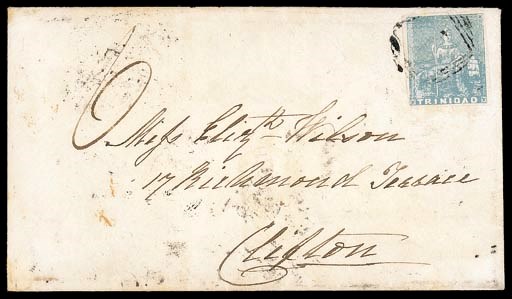 cover (1d.) pale blue with good, slightly ragged, margins tied by "1" obliterator on 1855 (27 June) envelope to England, showing manuscript "6" with, on reverse, despatch, London (22.7), Bristol (23.7) and arrival datestamps. R.P.S. Certificate (1958). S.G. 15. Photo