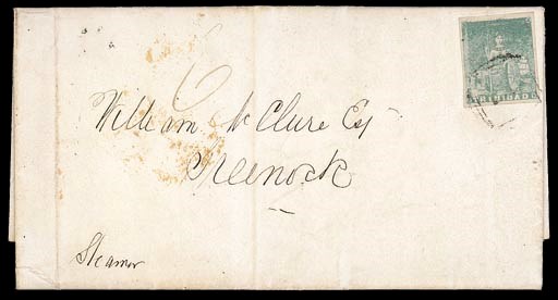 cover (1d.) greenish blue with good to large margins, neatly tied by "1" obliterator on 1855 (May) entire letter to Scotland, showing manuscript "6" with, on reverse, despatch and arrival datestamps; the adhesive with ironed-out filing crease. A most attractive franking. B.P.A. Certificate (1962). S.G. 15. Photo