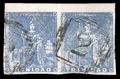 used  (1d.) blue horizontal pair with sheet margin at top and small to large margins on other sides, clearly cancelled "2"; small scissor-cut between at foot and some negligible minor faults. A choice pair and very rare. B.P.A. Certificate (2001). Sc. 12; S.G. 16, £2000+. Photo