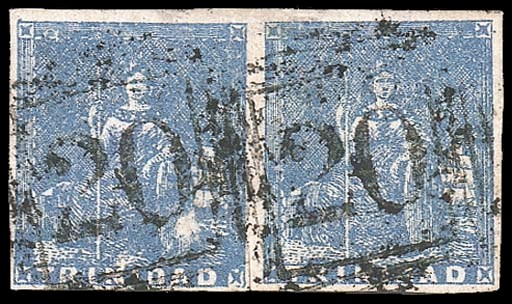 used  (1d.) blue horizontal pair with good to large margins, both clearly cancelled "20", fine appearance; scissor-cut between at foot, surface thin and horizontal crease. A rare multiple. B.P.A. Certificate (2001). Sc. 12; S.G. 16, £2000+. Photo
