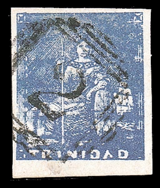 used  (1d.) deep blue with sheet margin at foot and large margins on the other three sides, neatly cancelled "2"; slightly thinned but of magnificent appearance. R.P.S. Certificate (1945). Sc. 12; S.G. 16, £1000. Photo