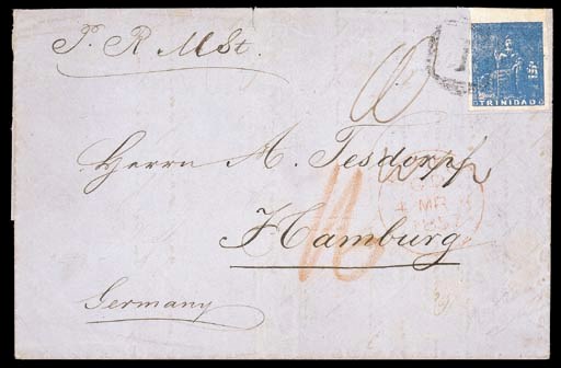 cover (1d.) bright blue, a magnificent marginal example from the top of a sheet, neatly tied by "1" obliterator on 1857 (9 Feb.) entire to Hamburg, showing manuscript "10", red crayon "16" (schillings) and red London Paid c.d.s. (4.3) with "PAID" deleted and, on reverse, despatch and arrival datestamps. A splendid exhibition cover. R.P.S. Certificate (1968). S.G. 16. Photo