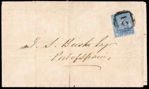 cover (1d.) bright blue with small to large margins tied by "2" obliterator on 1856 (17 Dec.) "Abstract of Expenditure" entire from San Fernando to Port of Spain showing despatch c.d.s. on reverse; the adhesive with small natural paper fault by Britannia's spear. B.P.A. Certificate (2001). S.G. 16. Photo