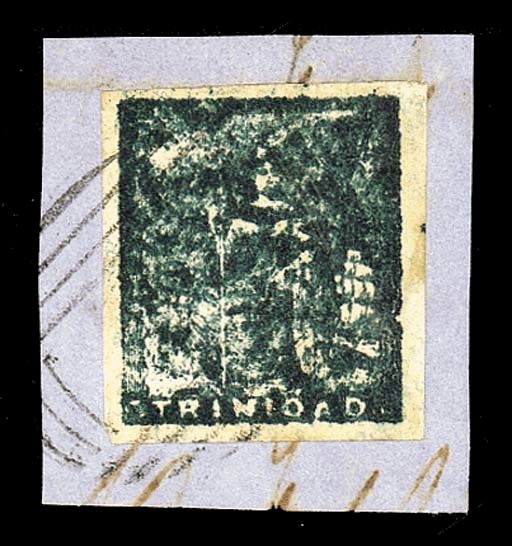 on piece  (1d.) very deep greenish blue with large margins and lightly tied to small piece, fine. R.P.S. Certificate (1957). Sc. 12a; S.G. 17, £650. Photo