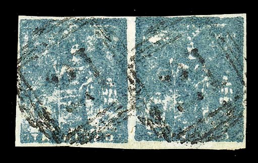 used  (1d.) slate-blue horizontal pair with close to large margins, both lightly cancelled "21"; horizontal crease at foot not affecting very fine appearance. B.P.A. Certificate (2001). Sc. 11; S.G. 18, £1350. Photo