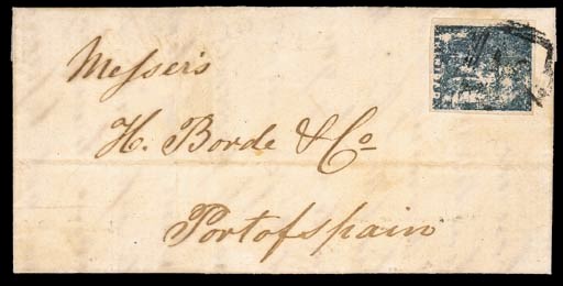 cover (1d.) slate-blue with mainly large margins, placed sideways and tied by "2" obliterator on 1858 (19 Nov.) local entire letter from San Fernando to Port of Spain. A fine and scarce franking. Postal History Society Certificate (1945). S.G. 18. Photo