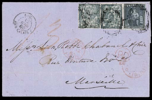 cover (1d.) slate-blue pair with clear to large margins plus 1859 1/- indigo with good to large margins, clearly tied by "1" obliterators on 1860 (23 Mar.) entire to Marseilles, showing red crayon "1/3", fair Crowned circle "PAID/AT/TRINIDAD", circular-framed "PD", London Paid (12.4) and Calais entry c.d.s. A very rare and attractive combination franking. R.P.S. Certificate (1961). S.G. 18, 29. Photo
