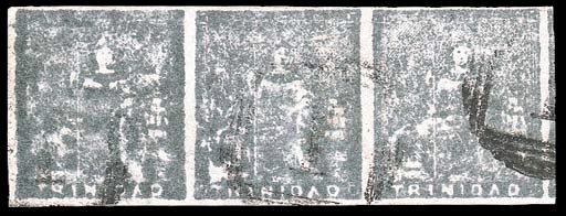 used  (1d.) grey horizontal strip of three with small to large margins and showing portion of adjoining stamp at right, cancelled "1"; the left stamp with ironed-out vertical crease and small corner fault at lower left, nevertheless of fine appearance and an extremely rare multiple. B.P.A. Certificate (2001). S.G. 19, £1200+. Photo
