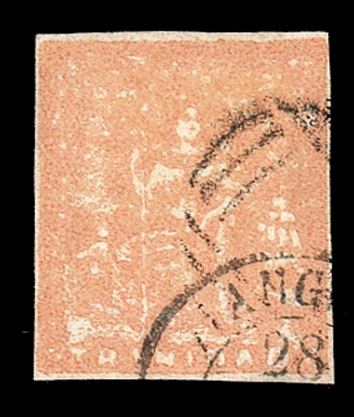used  (1d.) red with close to good margins, neatly cancelled by part numeral obliterator and French entry c.d.s., fine. R.P.S. Certificate (1929). Sc. 13a; S.G. 20, £450. Photo