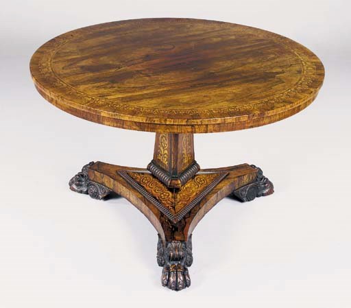 A REGENCY ROSEWOOD, MARQUETRY AND EBONISED CENTRE TABLE