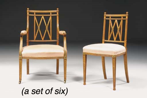A SET OF SIX LATE VICTORIAN SATINWOOD AND POLYCHROME-DECORATED CHAIRS