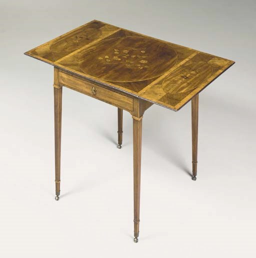 A GEORGE III AMARANTH, MAHOGANY AND FLORAL-MARQUETRY PEMBROKE TABLE