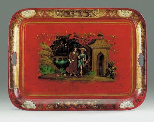 A REGENCY POLYCHROME AND GILT-JAPANNED TOLE TRAY