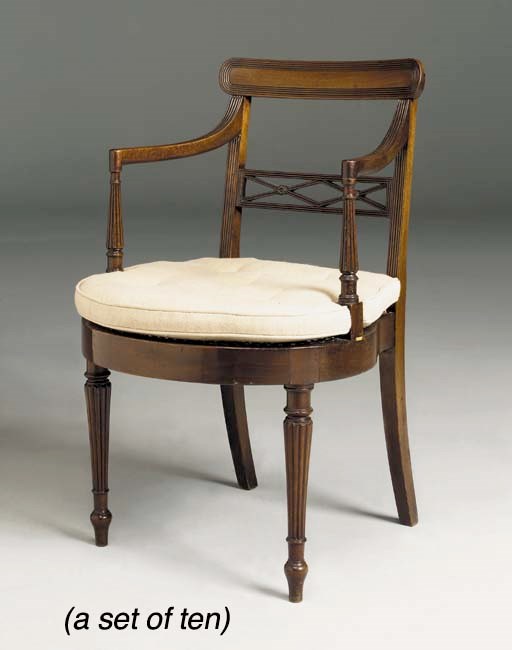 A SET OF TEN MAHOGANY OPEN ARMCHAIRS