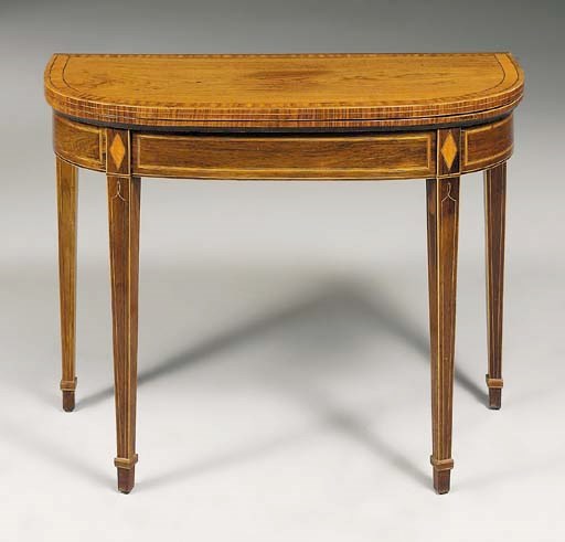 A GEORGE III PADOUK AND ROSEWOOD DEMI-LUNE CARD-TABLE