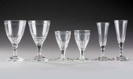 Six rummers with oviform bowls; six wine glasses; and six various ale-flutes en suite