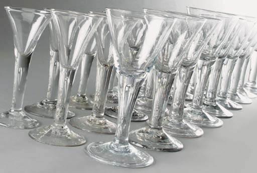 Six various drawn-trumpet wine-glasses