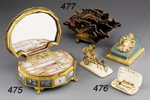 A PALAIS ROYAL MOTHER-OF-PEARL, GLASS AND GILT-METAL WORK BOX