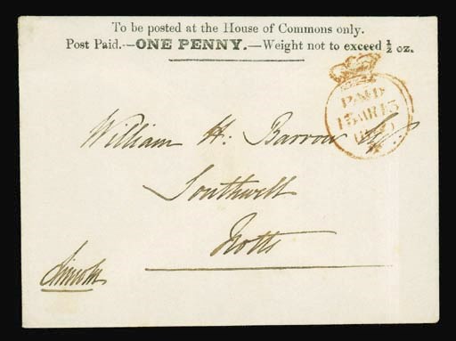 cover HOUSE OF COMMONS: One Penny envelope addressed to Southwell, Notts., showing good to fine red crowned "PAID" datestamp of 13 March 1840; two light folds in no way detract from the fine, very clean appearance. Photo