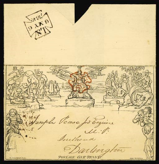 cover 1d. letter sheet, A5, used to Darlington and cancelled by superb strike of the red Cross, the reverse with very fine strike of the London Lombard Street datestamp for 6 May 1840; a few very minor perimeter imperfections but in no way detracting from this very fine example of first official day usage. Photo